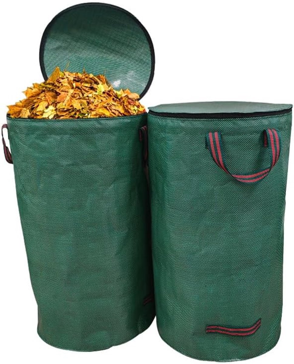 Tuinafvalzak, 2 x 120 l, tuinafvalzak met deksel, graszak met handgrepen, tuinzakken, groenafval, waterdicht, opvouwbaar, houder voor tuinafval, voor gras, bladeren, heg, tuinafval (groen)
