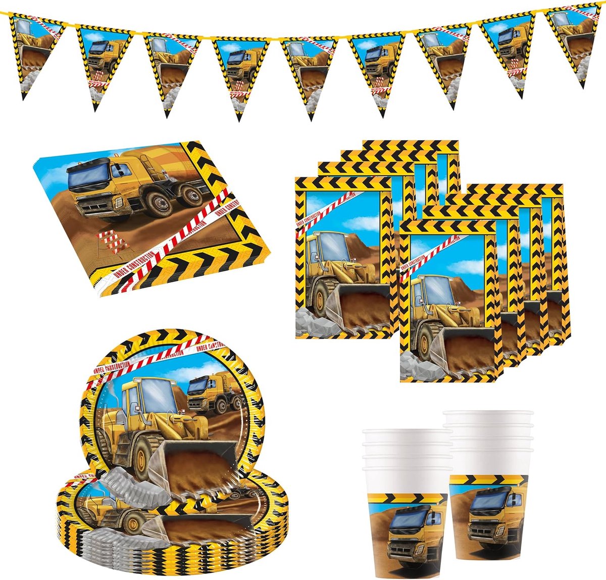 10215302DY - Partyset Bouwplaats, 45-delig wegwerpservies voor verjaardags- en themafeestje, tafeldecoratie
