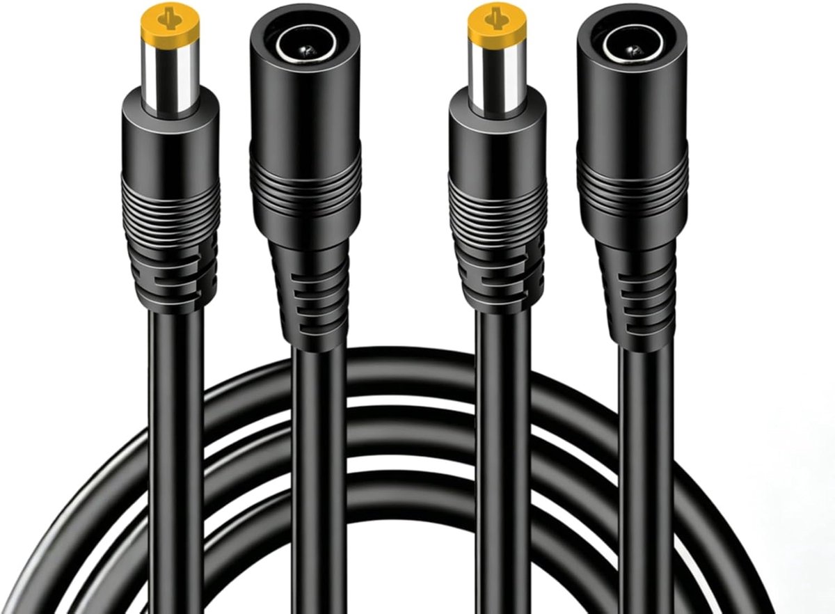 2 stuks DC verlengkabel 12 V 1 m voor beveiligingscamera, stroomkabel voor buitencamera, aansluiting 2,1 x 5,5 mm bus op stekker, ideaal voor bewaking binnen en buiten