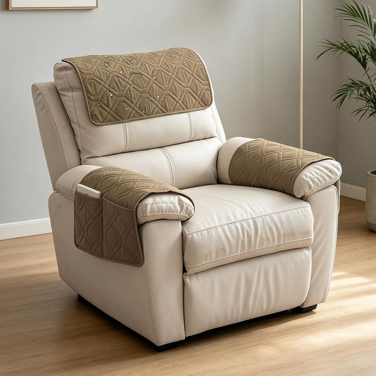 (3-delig) – Stoelbeschermer voor relaxfauteuil met 2 vakken (Kamelkleur, 1 Seater)