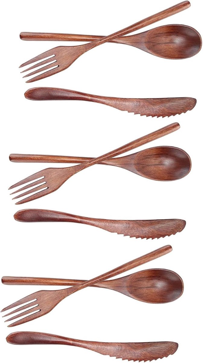 3-delige houten bestekset voor eten, houten lepel, vork, mes, bestekset, herbruikbare houten bestekset voor eten, bestek, servies, inclusief lepel, vork, mes