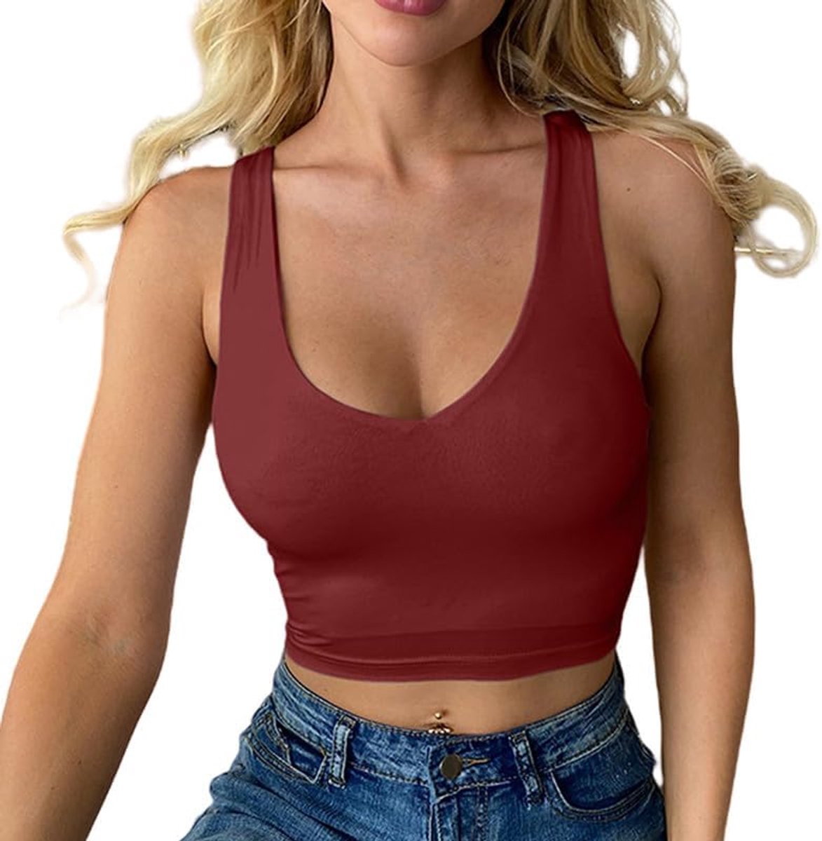 Tanktop voor dames, elegant, zomer, crop top, sexy, slim fit, tanktop, mouwloos, korte mouwen, sporttop met V-hals, basic strakke onderjas, modieus T-shirt, effen shirt