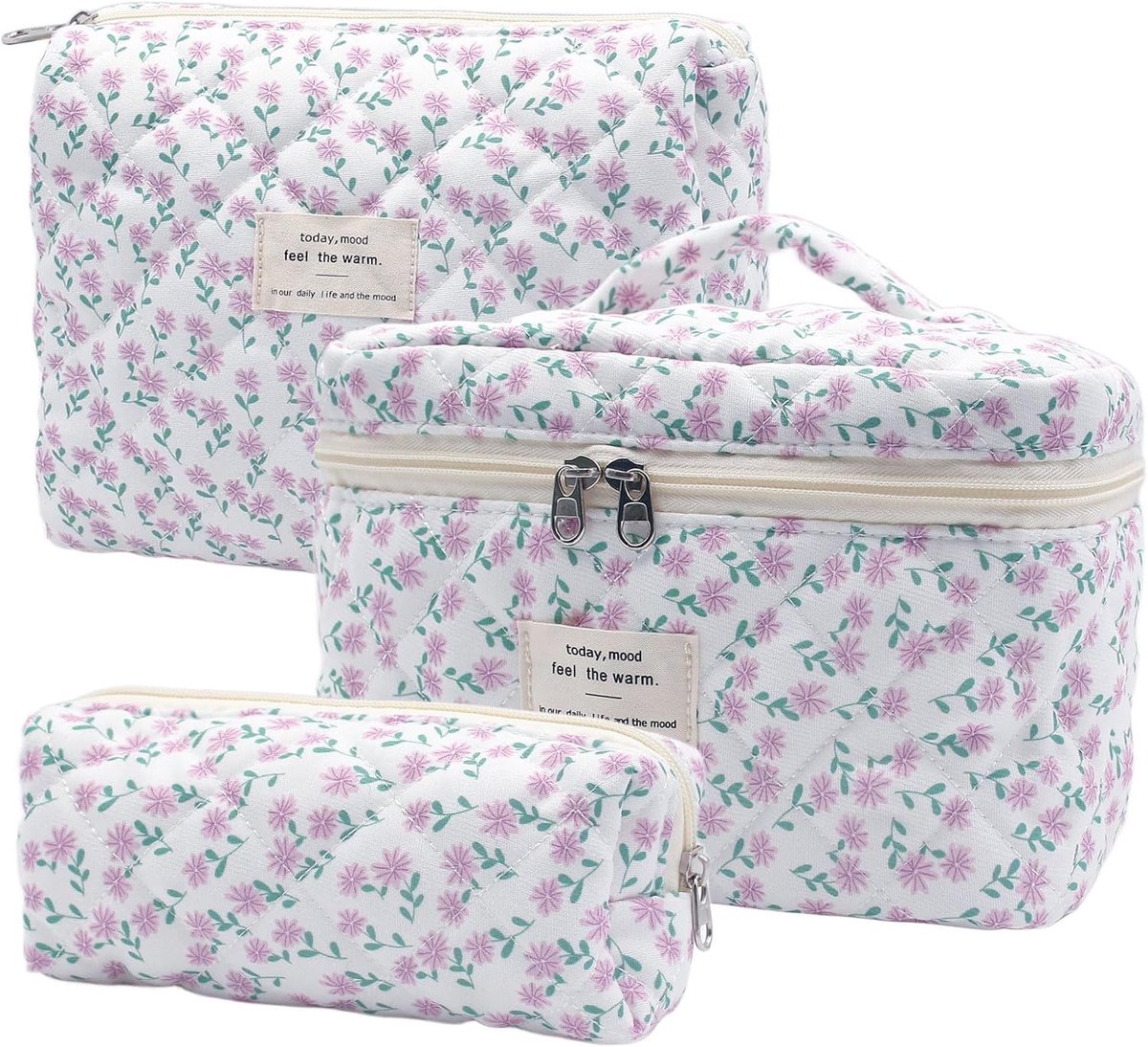 3-delige cosmeticatasche voor dames met bloemenpatroon, toilettas, make-up tas, draagbare schminktas, make-up tas, wastas groot voor vrouwen, meisjes voor dagelijks gebruik en reizen, lila, bloemen
