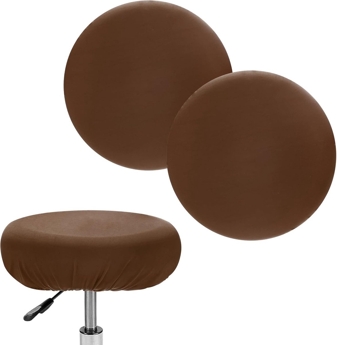Set van 2 ronde barkrukken, voor 30-40 cm, spandex, zeer rekbare stoffen stoelhoezen met elastische banden voor barkruk/rond kussen [donkerbruin]