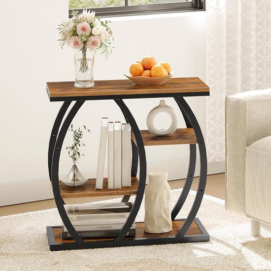 Bijzettafel in industriële stijl, smalle salontafel met 4 planken, nachtkastje met vintage houtlook blad en metalen frame, vintage bruin en zwart EBF164BZ01 — afbeelding 3