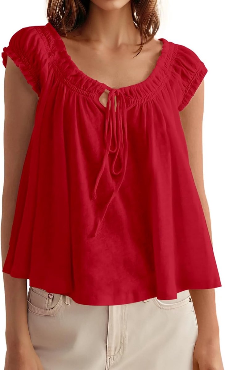 Tankaneo Dames babydoll plissé tank tops met vetersluiting cap mouw casual T-shirts zomer losse tees