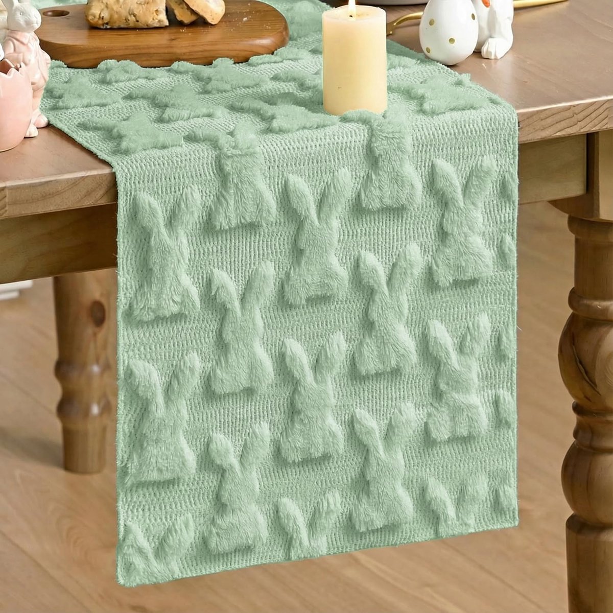 Mode Groen Zacht Pluche Faux Fur Bunny Konijn Paas Tafelloper, Seizoensgebonden Keuken Eettafel Decoratie voor Thuis Feestdecoratie 33x183 cm
