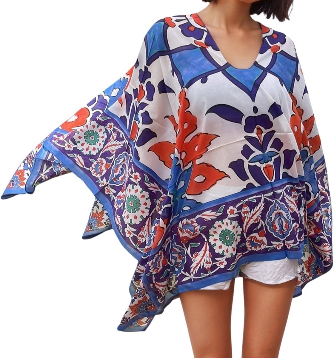 Damesponcho voor de zomer, 2-in-1 van zijde en katoen, 140/140 cm XL, lichte damessjaal, schouderdoek, tuniek, strandjurk
