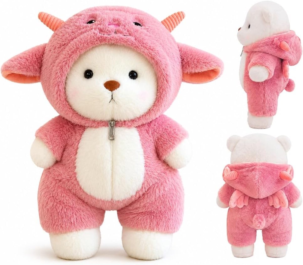Beer, 30 cm, teddybeer, met haai, schaap of dinosaurus, afneembaar en wasbaar, pluche beer met afneembare kleding, voor feestjes, Kerstmis en verjaardagen (roze)