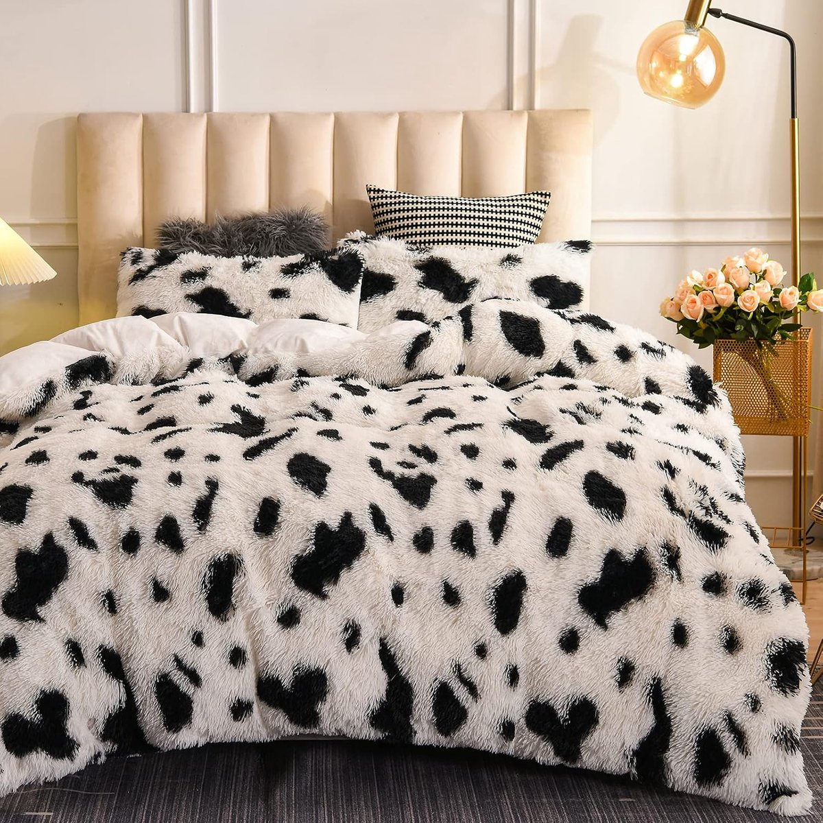 Dekbedovertrekset van imitatiebont met pluizige koeienprint beddengoed dekbedovertrek en sets, luxe ultrazacht kristal fluwelen omgekeerde pluizige dekbedovertrekset 3-delig (wit