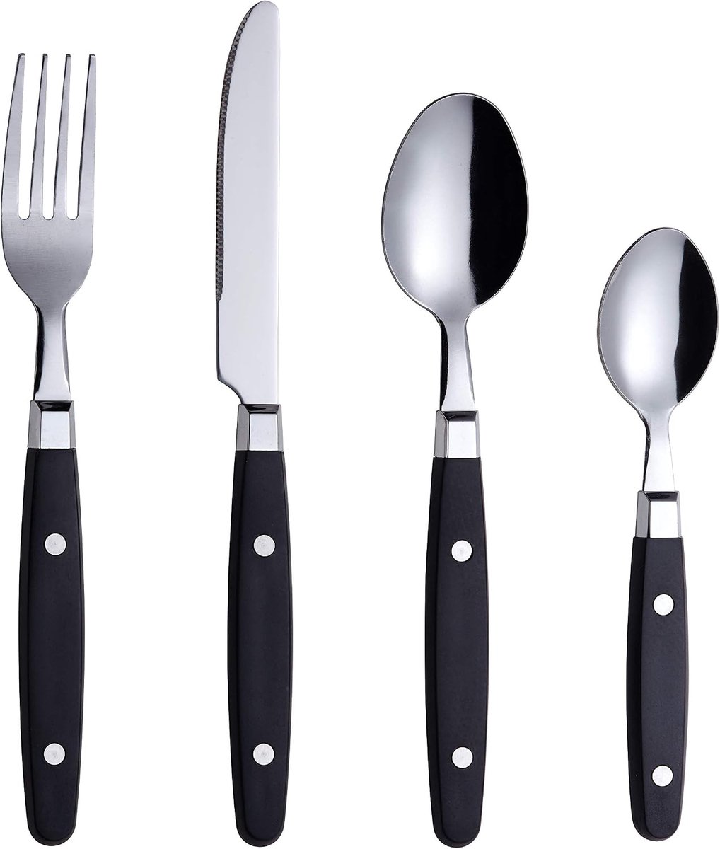 24 pc bestekset roestvrij staal klinknagels handgrepen tafelbestek | retro zwart klinknagels handgrepen roestvrij staal afwerking vaatwasserbestendig voor gezin eten feesten binnen buiten