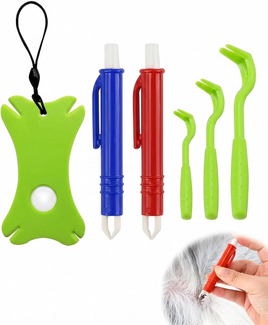 Tekenverwijderingsset, 6 stuks, van robuust kunststof, voor mensen, honden, katten, kinderen om snel en veilig te verwijderen met pen, 3 haken en kaart.