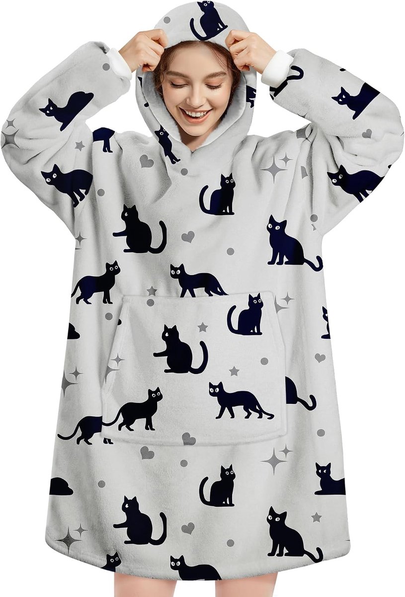 Hoodie voor dames en heren, fleecedeken, sherpa, wintertrui, plaid, poncho, met zak en warme mouwen, zacht, comfortabel voor volwassenen, Grijze kat, Eén maat