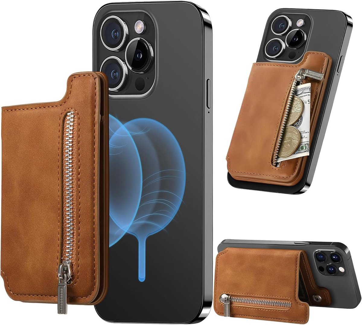Portemonnee met rits voor iPhone 17 16 15 Serie Bruin | premium PU lederen kaarthouder met RFID-blokkering en verstelbare standaard, Anti drop kaartsleuf voor iPhone 14 13 12 Serie