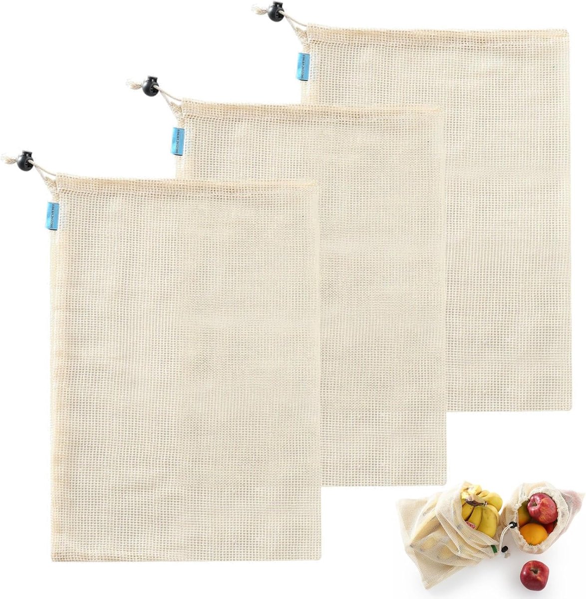 Netzakken voor Koken – Set van 3 | Ideaal voor Koken van Bonen, Peulvruchten en Groenten | Duurzaam, Wasbaar, Verstelbare Sluiting, 28x43 cm