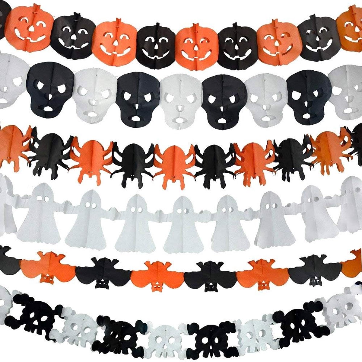 Set van 6 papieren Halloweenkransen - 3 meter lang - Geschikt voor binnen en buiten - Feestdecoratie