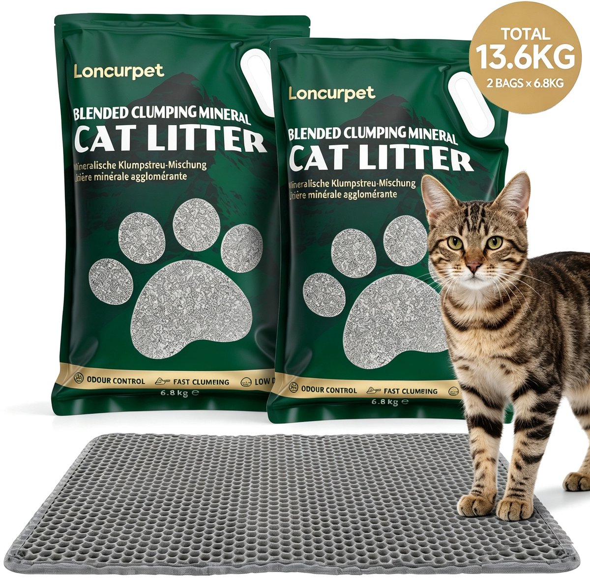 Loncurpet - Kattenbakvulling - Met Kattenbakmat - Kattengrind - 2 x 6,8kg - Premium Natuurlijk Ruw Erts Gemengd - Plakt Nergens Vast - Stevige Klonten - Effectieve geurneutralisatie