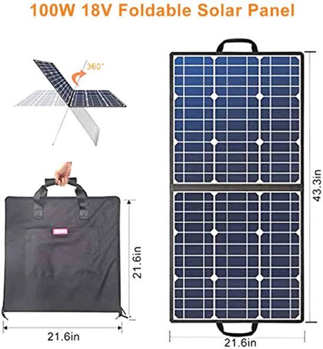 Zonnepaneel - Zonnepanelen Compleet Pakket - Zonnepaneel Opvouwbaar - Zonnepaneel Camper - 18V 100W Draagbaar Zonnepaneel - 4-in-1 - Connector Dubbele USB-Uitgangen - Draagbaar en Opvouwbaar - Zwart