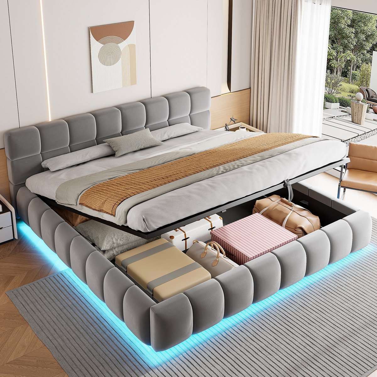 Sweiko Gestoffeerd Bed - 180 x 200 cm - LED-verlichting - Tweepersoonsbed - Opbergruimte - Fluweel - Grijs