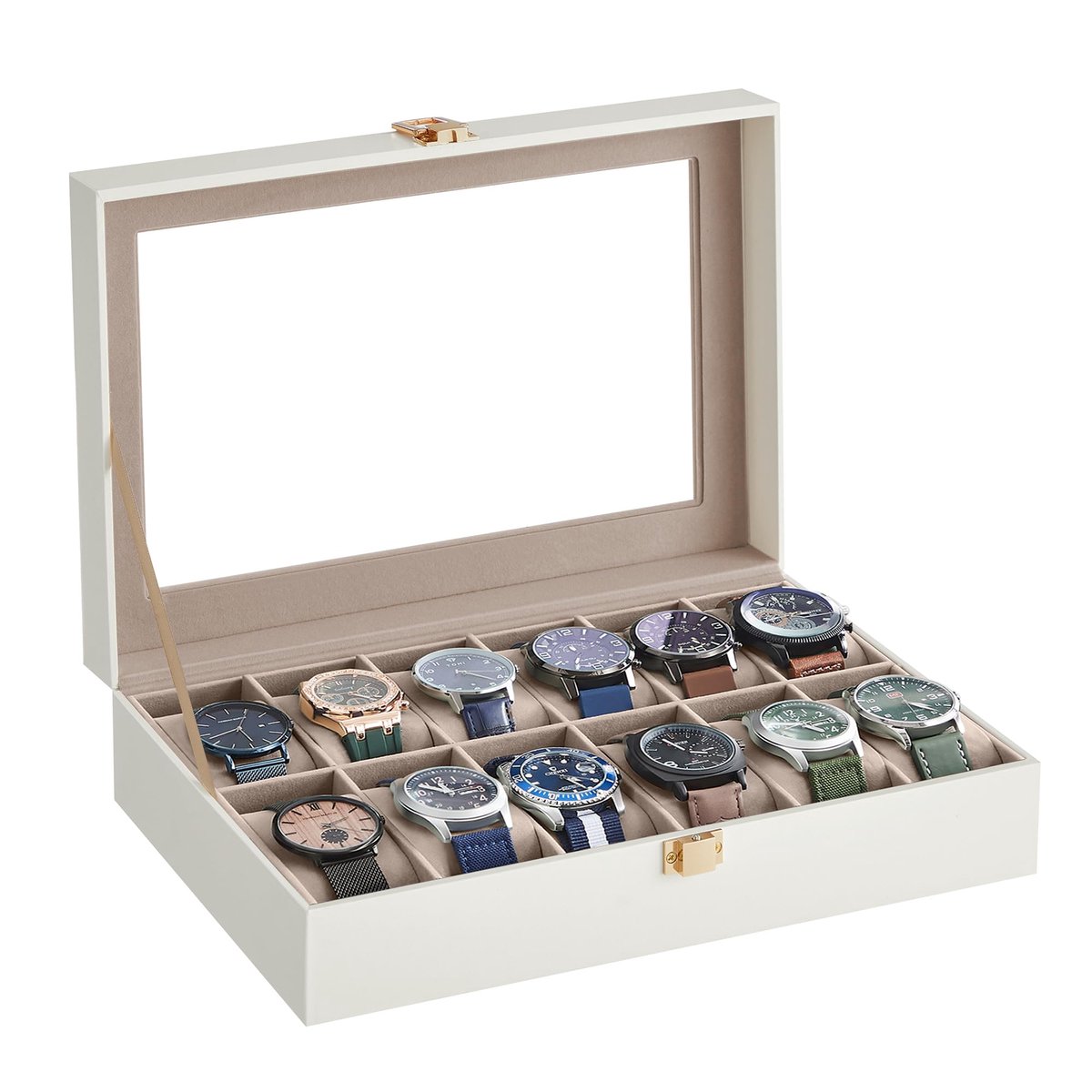 Horlogedoos met 12 Vakken - Luxe Horloge Organizer met Glazen Deksel - Horlogekoffer met Uitneembare Kussens - Elegante Opbergdoos voor Horloges & Accessoires