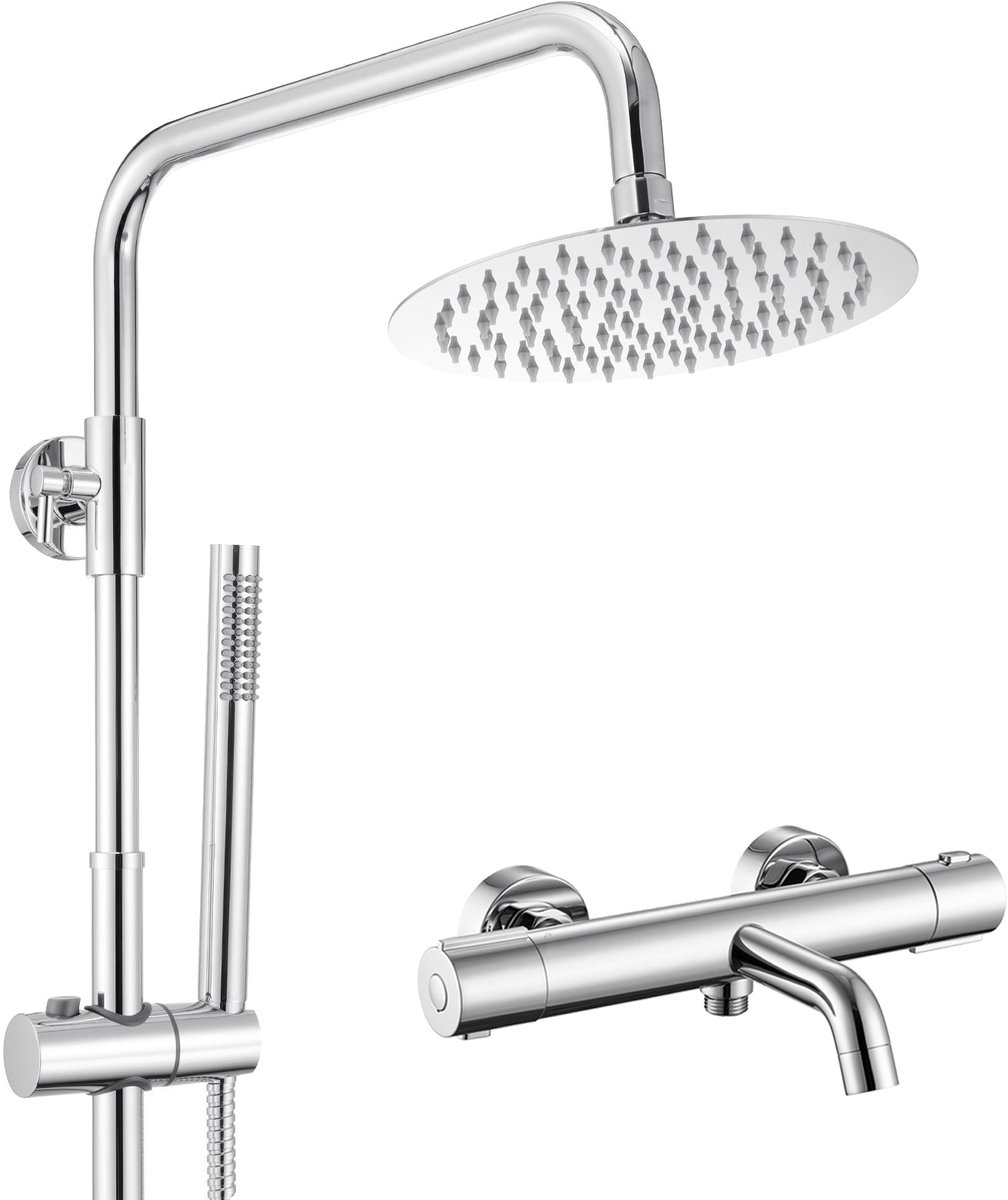 Auralum Max Regendouche Met Thermostaatkraan - Compleet Douchesysteem - RVS Doucheset - Inclusief Thermostatische Badkraan - Rond Design - Hoogte Verstelbare 68-108 cm - Waterbesparend - Chroom