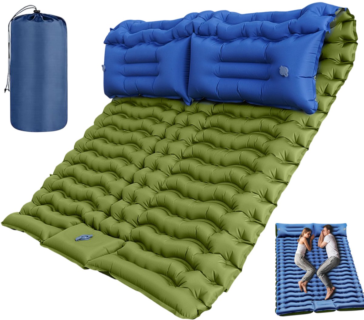Opblaasbare Tweepersoons Campingmat - Slaapmat met Ingebouwde Voetpomp - 200 × 133 cm Ruim Ligoppervlak - 10 cm Dikte - Opblazen in 30–60 Seconden - 40D-Nylon met TPU-Coating - Voor Kamperen, Wandelen en Reizen