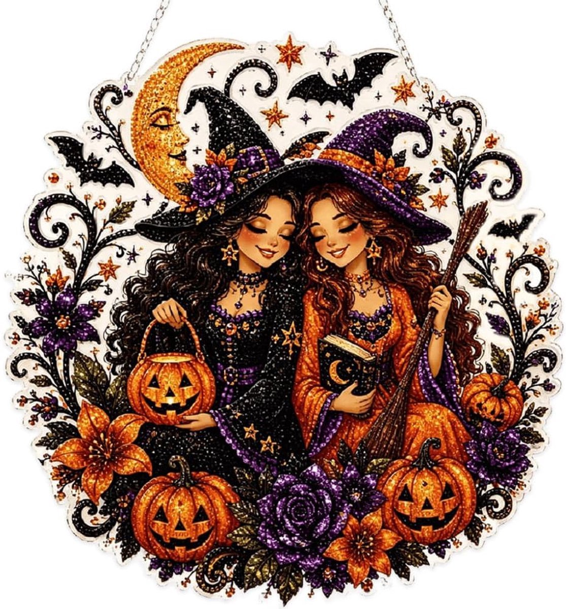 Casalora® DIY Diamond Painting Halloween Twee Heksen Raamhanger – 5D Acryl Hangdecoratie Kit – Halloween Decoratie