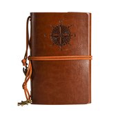 Vintage Lederen Notitieboek - Met Windroos - 15 x 10 CM - 6‑ringsband - Blanco Papier - Reis Journal Schetsboek - Bruin - Cadeau idee - Geschikt voor Vrouw en Man