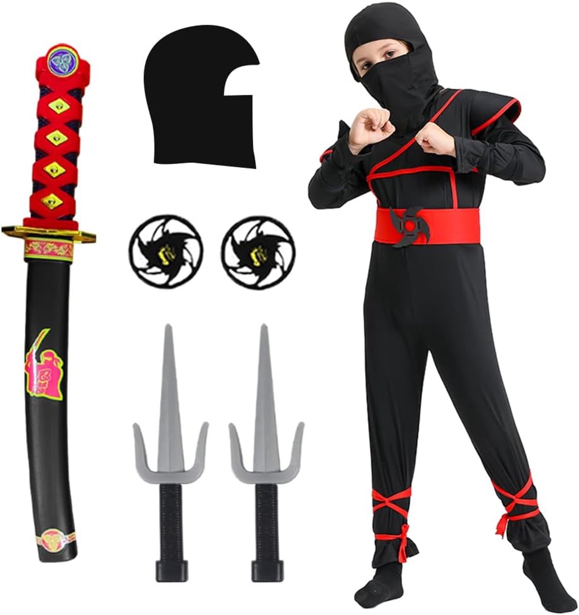 Skyllc Ninja-kostuum voor kinderen, ninja cosplay-set met handschoenen, darts, bajonet voor rollenspellen, Halloween, kerstfeest, carnaval