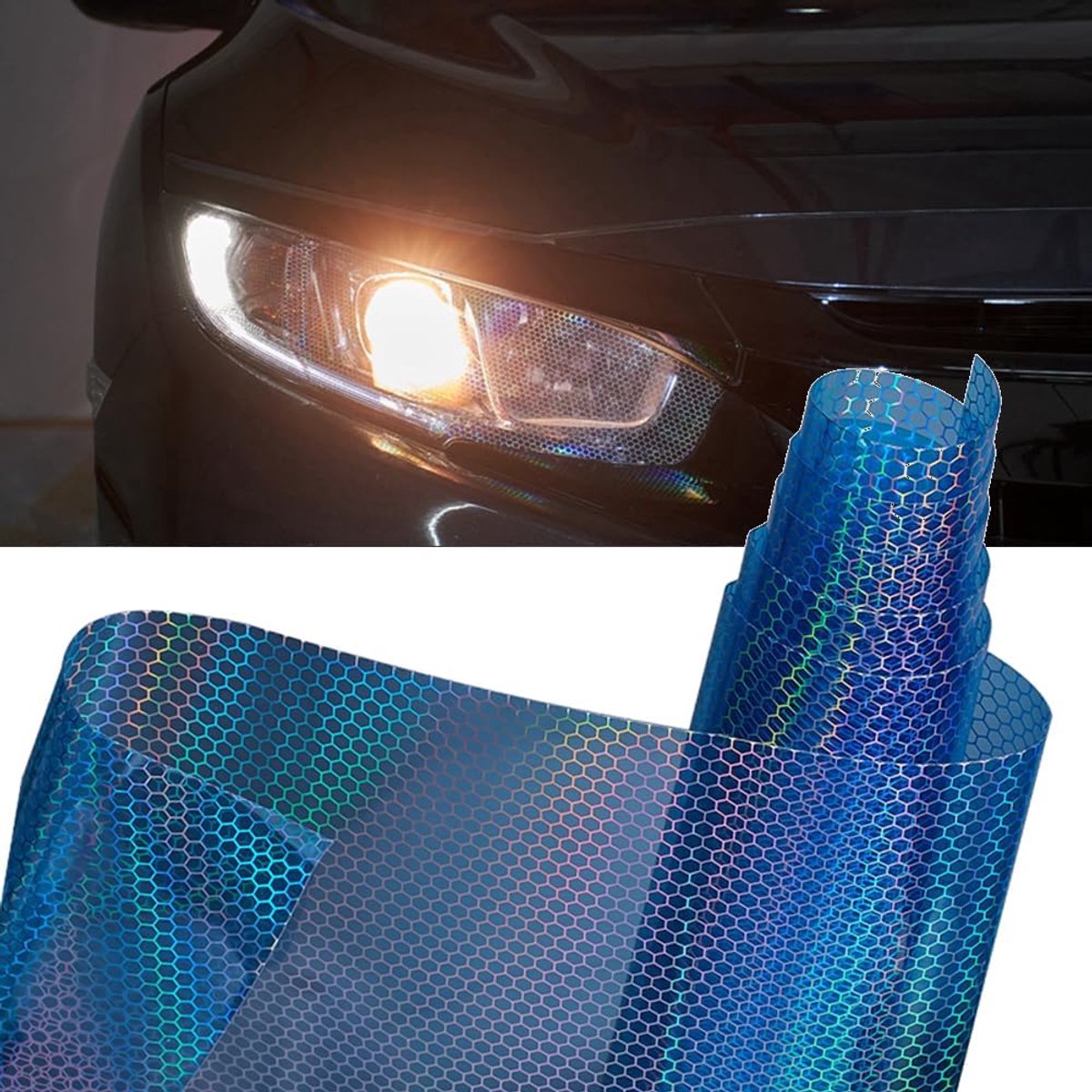 Honingraat Autolicht Tintfolie met Holografisch Regenboogeffect - Zelfklevende Koplamp & Achterlicht Stickers (Blauw, 30 x 200 cm)