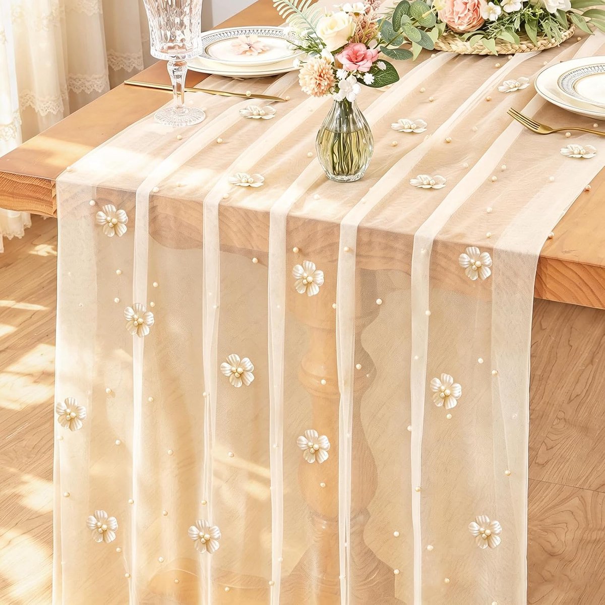 Tafelloper van parelgaas, 75 x 300 cm, roze bloem tule gaas tafelloper kaasdoek pure kaasdoek tafelkleed zomer tafelkleed voor verjaardagsfeestje, tafeldecoratie (champagne, 75 x 300 cm)