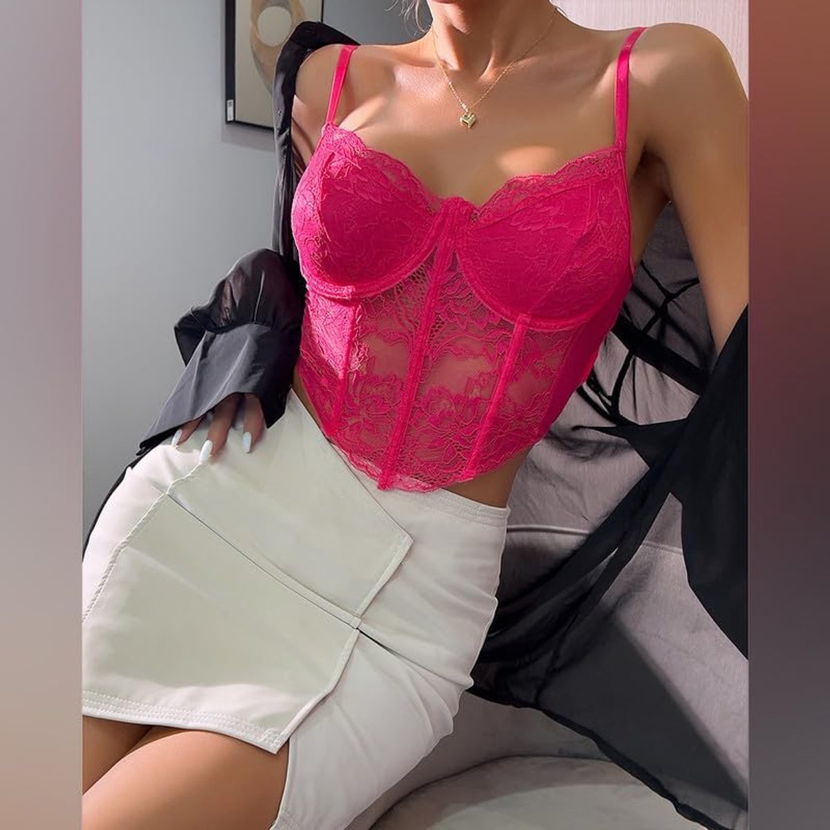 Damestop van kant, tanktop, zomer, sexy, slim fit, korset met dunne bandjes, mouwloos, crop top, V-hals, verstelbare tanktop, elegante onderjas, nauwsluitend, bustier, clubwear