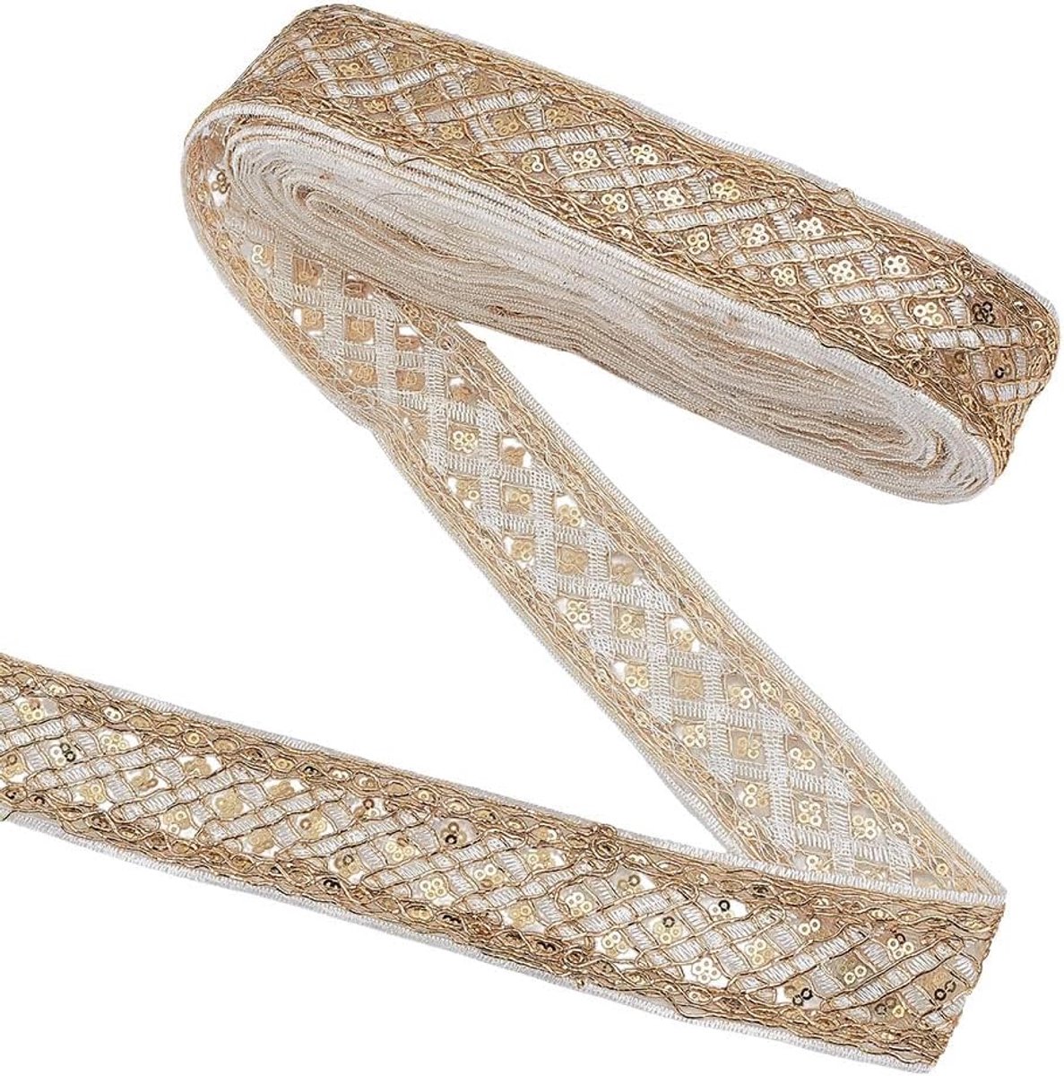 9,1 m Stof Geborduurde Trim 4.2Cm Vintage Jacquard Lint Goud Ruit Patroon Naaien Geweven Trim Witte Vintage Jacquard Singels Trims voor Naaien Ambachten Kleding Jurken Woondecoratie