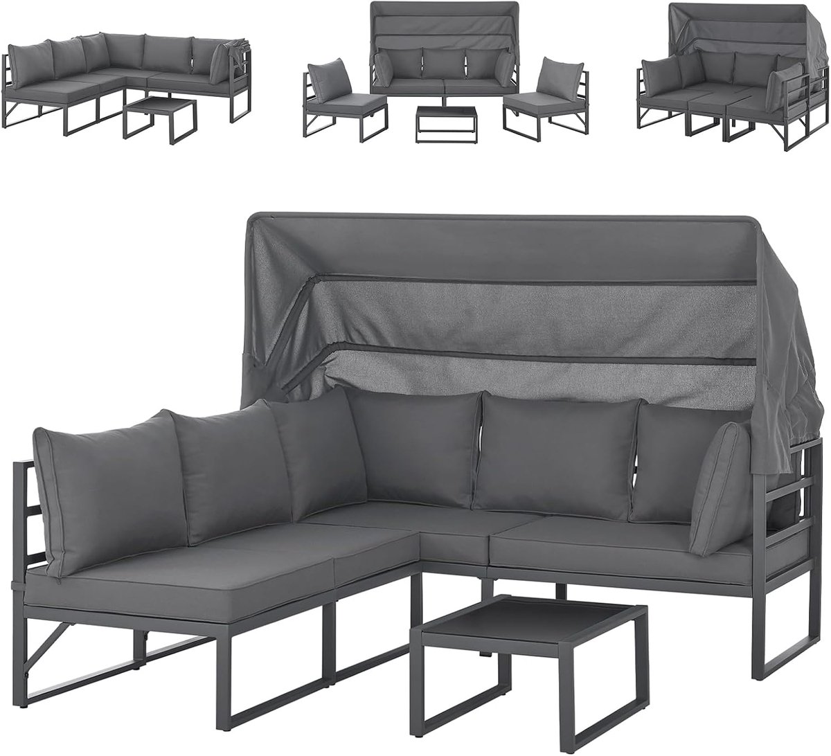 Maui Tuinmeubel-loungeset met dak, outdoor sofa, strandkorf, zonneeiland, staal, grijs