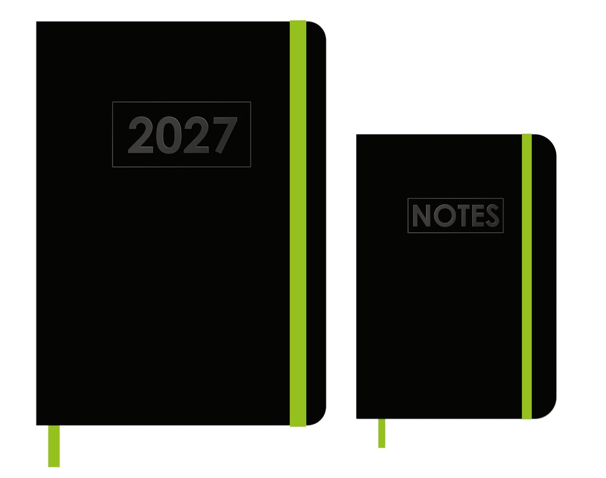 MGPcards - A5 Agenda 2027 - Weekoverzicht 1w/2p - Zwart + Groen elastiek - 14,8 x 21 cm + Notitieboekje/opschrijfboekje - gelinieerd - 80 pagina's - A6 - Zwart