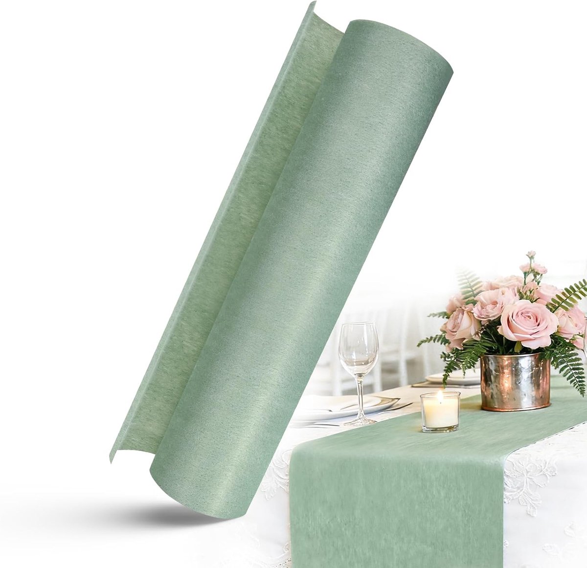 Tafelloper, groen, 30 cm x 25 m, tafeldecoratie voor bruiloft, verjaardag, vormsel, doop en tuinfeest