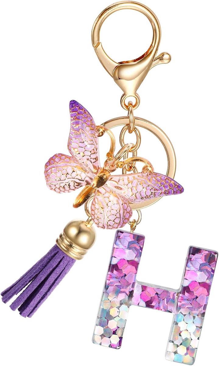 Sleutelhanger met initiële brief, paarse pailletten, hars, alfabet, brief, sleutelhangers voor vrouwen, meisjes, vlinder kwastje hanger sleutelhanger tas charme