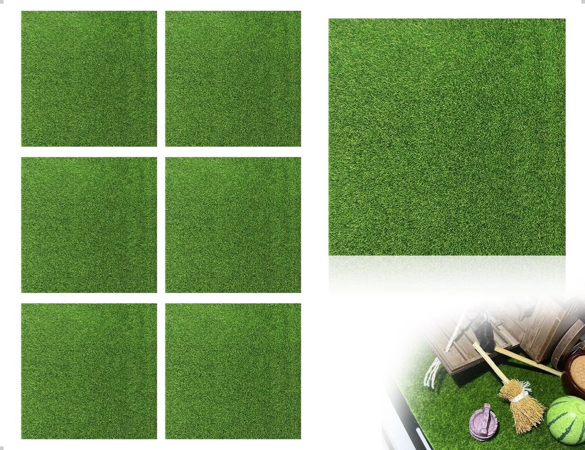 Kunstgrastapijt, 6 stuks, klein kunstgrastapijt om te knutselen, kunstminiatuur, gazondecoratie, voor miniatuurornament, miniatuurtuin, miniatuur, poppenhuis (15 x 15 cm)