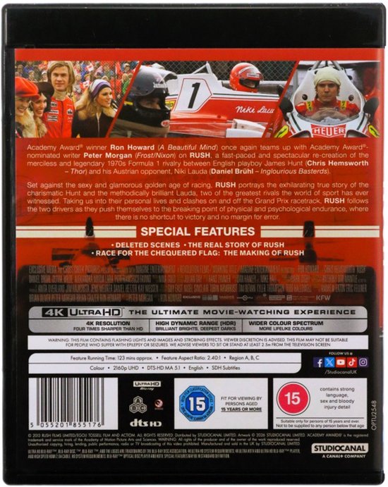 Achterkant van de 4K Ultra HD Blu-ray hoes van Rush, met foto's van acteurs en races.