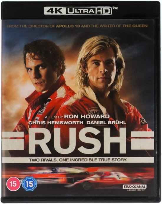 Voorzijde van de 4K Ultra HD Blu-ray hoes van Rush, met Chris Hemsworth en Daniel Brühl in racekleding.