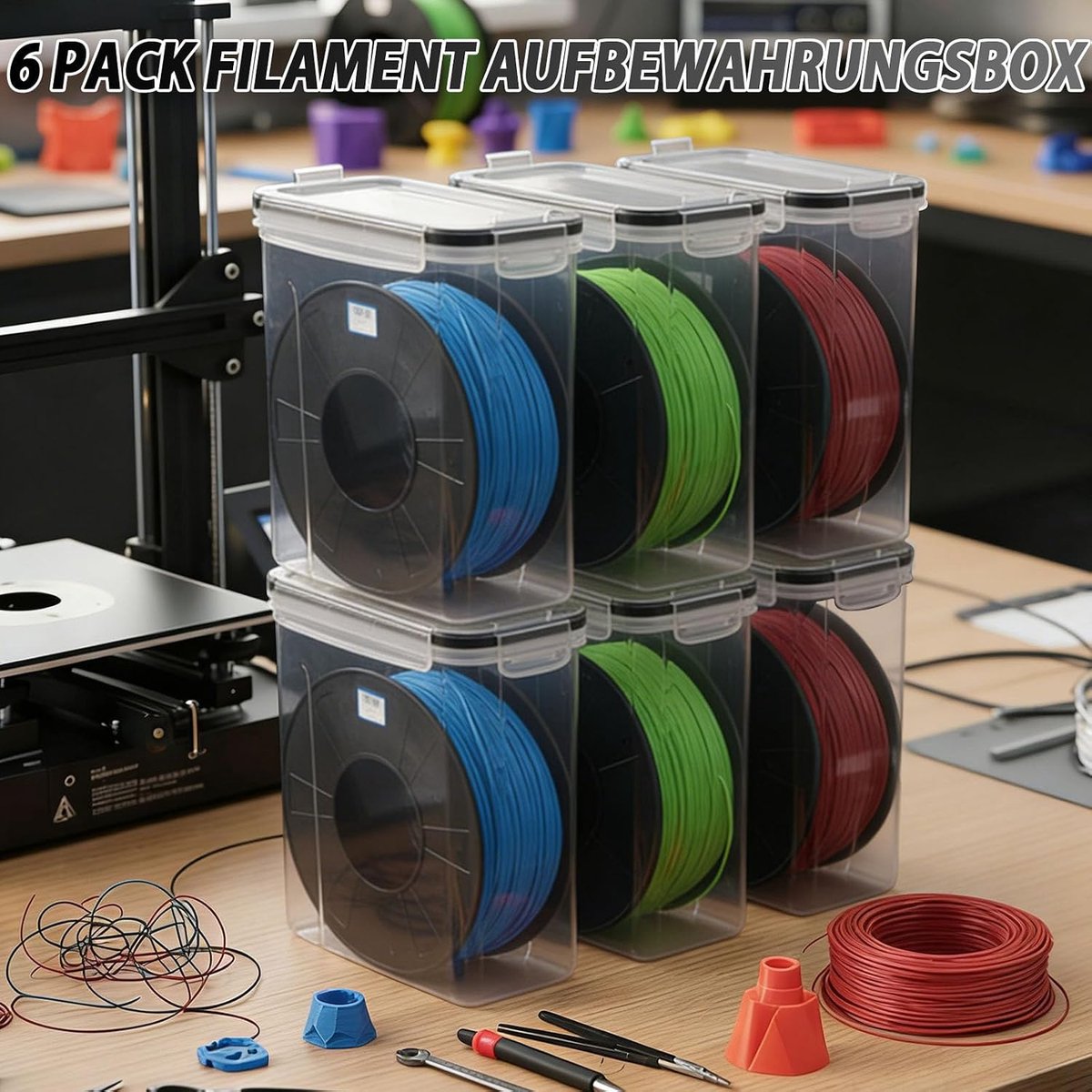 6 stuks filament-opbergdoos, 4,0 l filamentopslag met etiketten en markeringspen, filament-opbergdoos voor 3D-printfilament, afdichting en bescherming, stofdicht en vochtbestendig