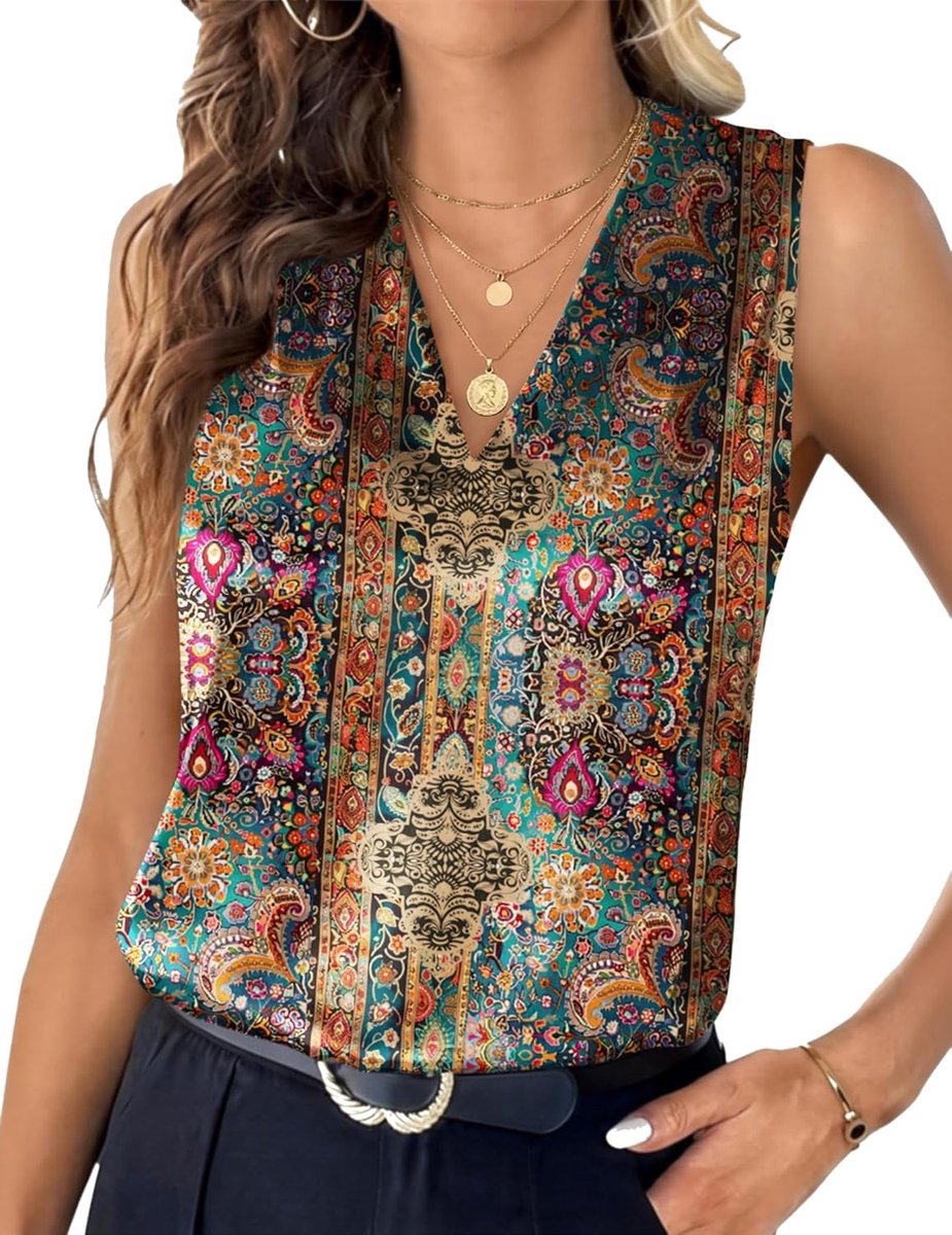 Satijnen bovenstuk voor dames, elegant, zijden top, V-hals, mouwloos, tanktop, zomer, satijn, plooien, satijnen blouse, S-XXL | Satijnen plisséblouse zomer satijn tank top business basic effen bloemen S-XXL