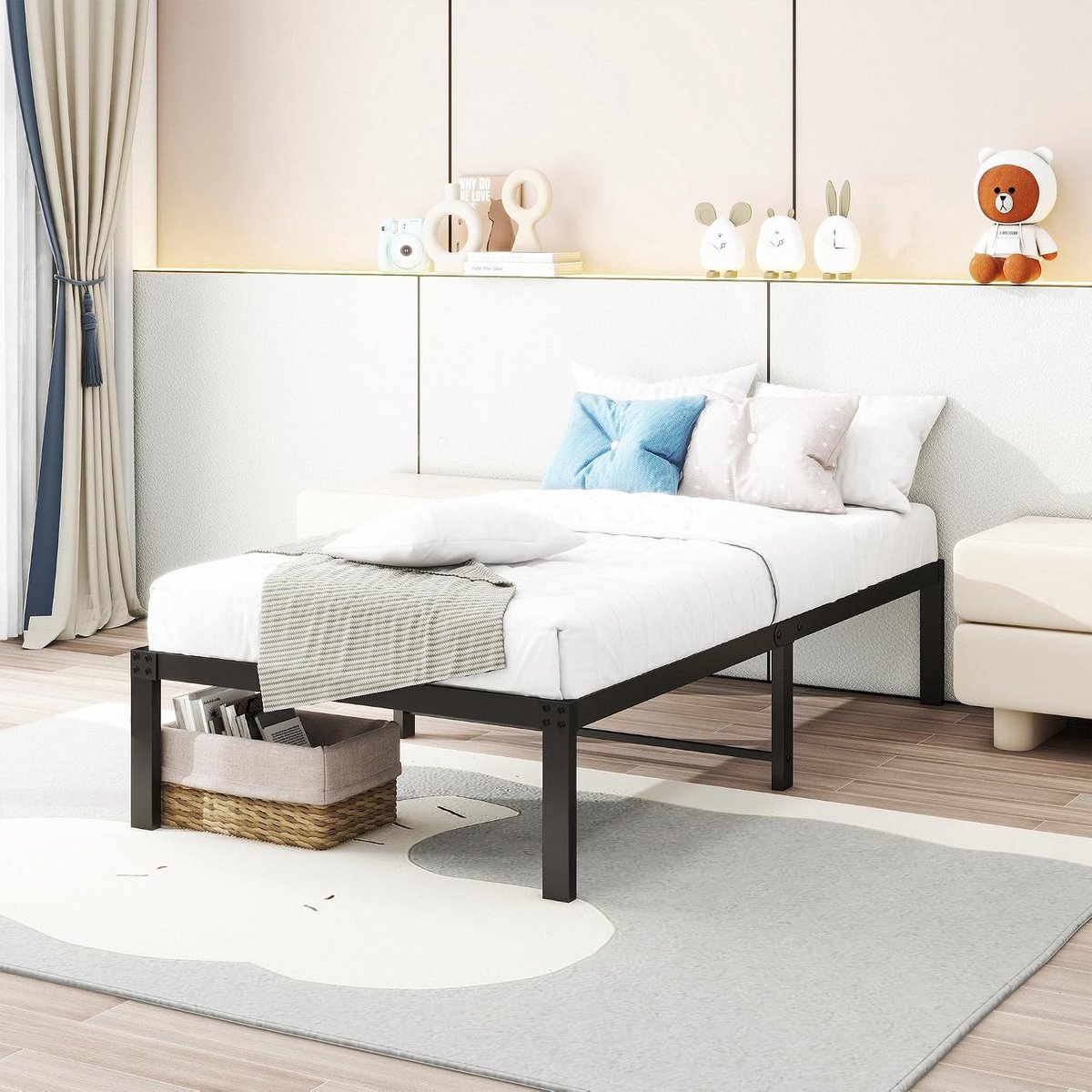 Bedframe 90 x 200 cm, metalen bedframe met metalen lattenbodem, eenvoudige montage, ruime opbergruimte, zwart bedframe