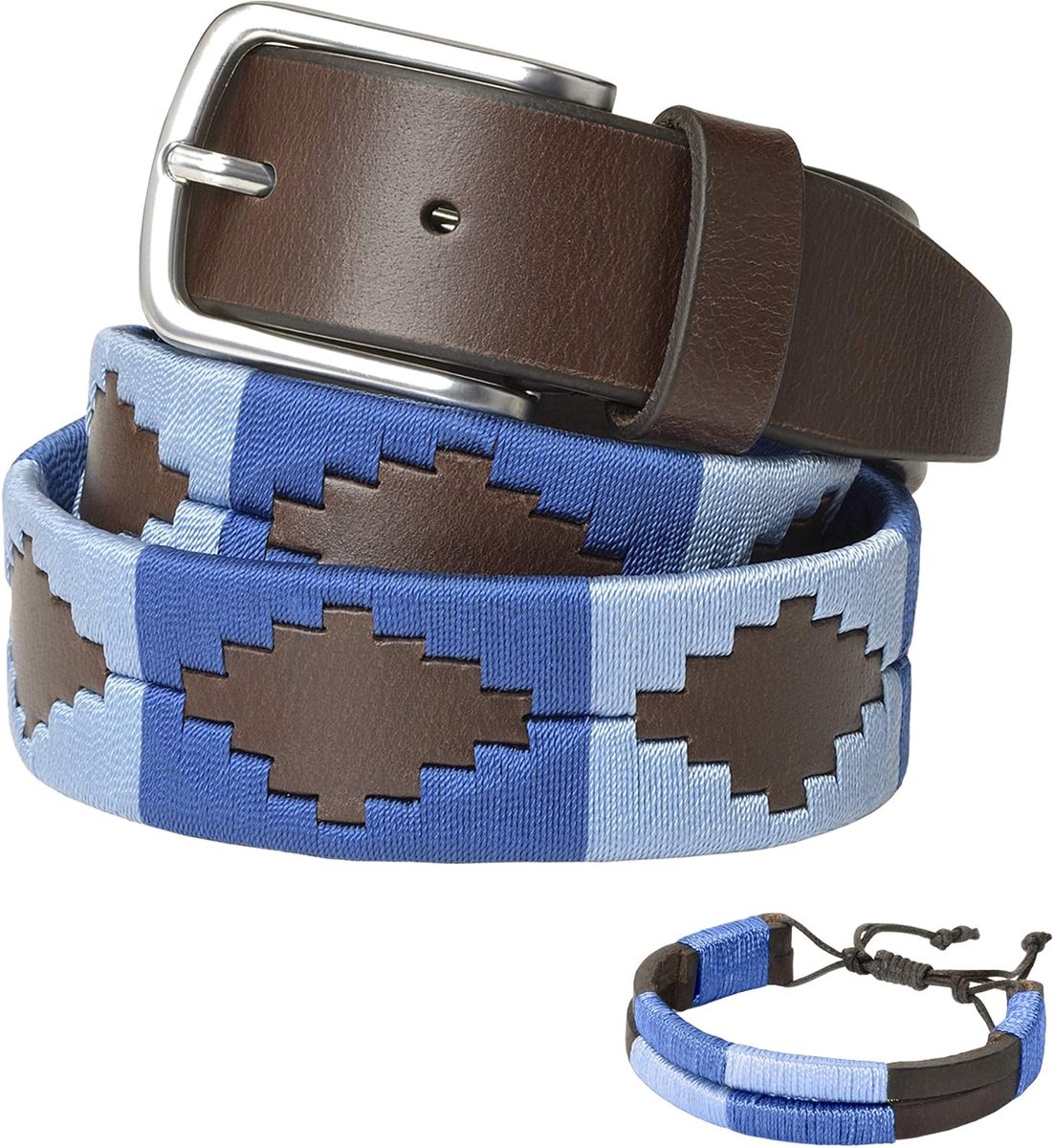 Leren riem, met bijpassende armband van leer en draad. Geborduurde riem op leer, voor mannen en vrouwen. Argentijnse Polo riemen.