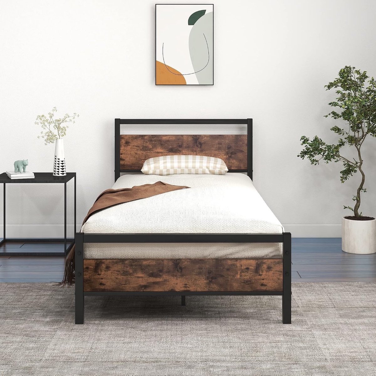 Platform Bedframe 3 FT Eenpersoonsbed met Houten Hoofdeinde en Voetenplank Robuuste Stalen Ondersteuning, Geen Boxspring Nodig, Eenvoudige Montage, Zwart