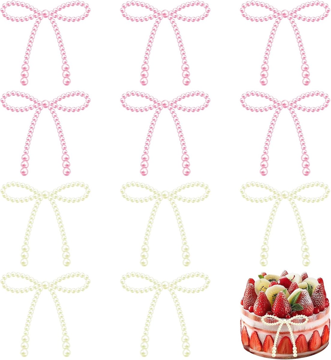 12 stuks witte roze parelstrik taartdecoraties, bruidstaartdecoraties, cupcake decoratie benodigdheden geschikt voor verjaardagen Cake Topper Bow Dots Cake Decoraties
