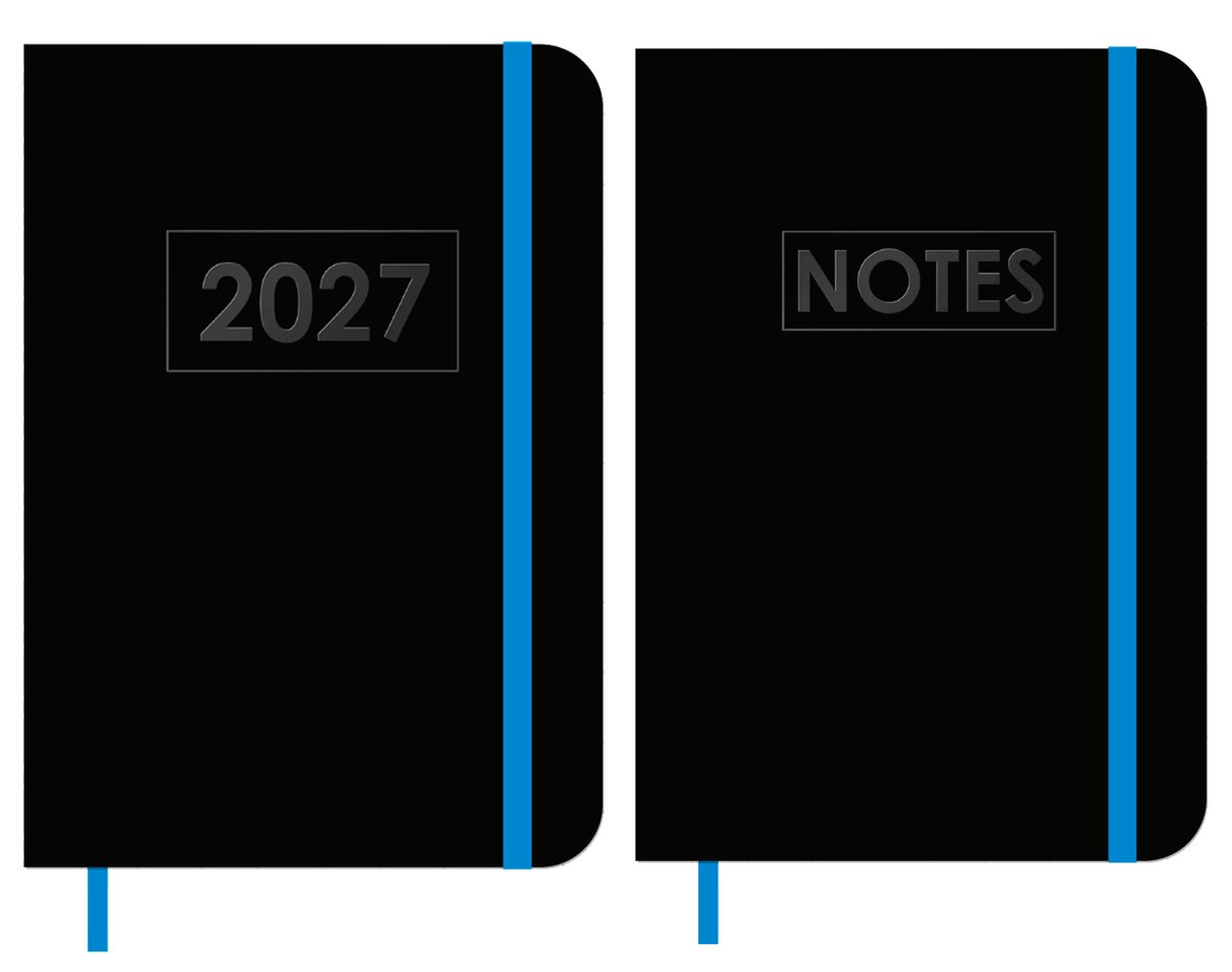 MGPcards - A6 Agenda 2027 - Weekoverzicht 1w/2p - Zwart + Blauw elastiek - 10,5 x 14,8 cm + Notitieboekje/opschrijfboekje - gelinieerd - 80 pagina's - A6 - Zwart-Blauw