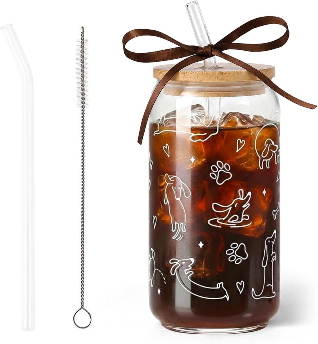 Glas met deksel en rietje, Glazen beker met deksel en rietje, 500ml drinkglas met teckel-motief, Incl. glazen rietje, schoonmaakborstel & decoratielint