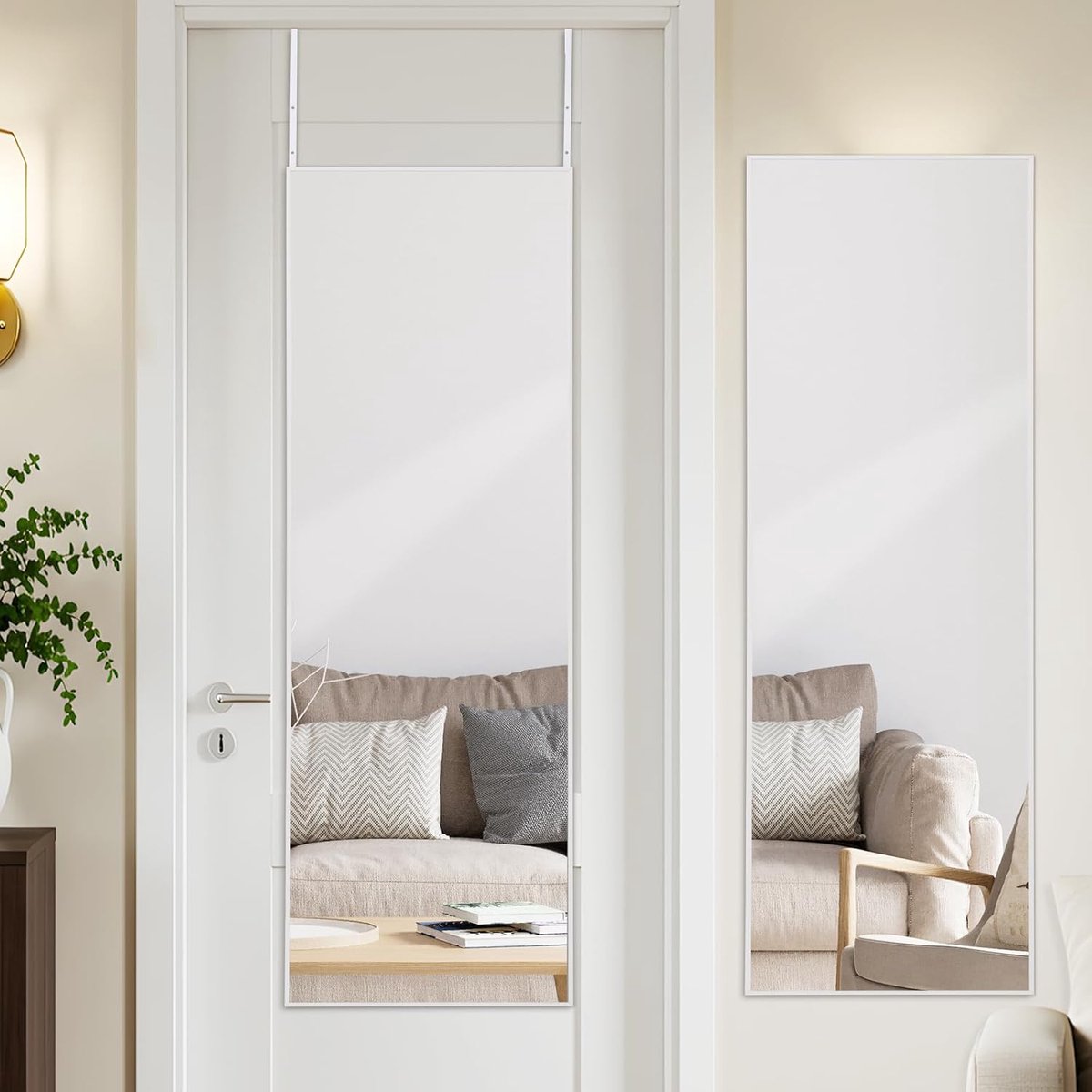122x35 CM Muurspiegel boven de deur met hanger, wit aluminiumlegering frame, volledige lengte hangende deurspiegel, muurmontage voor slaapkamer, badkamer, studentenkamer