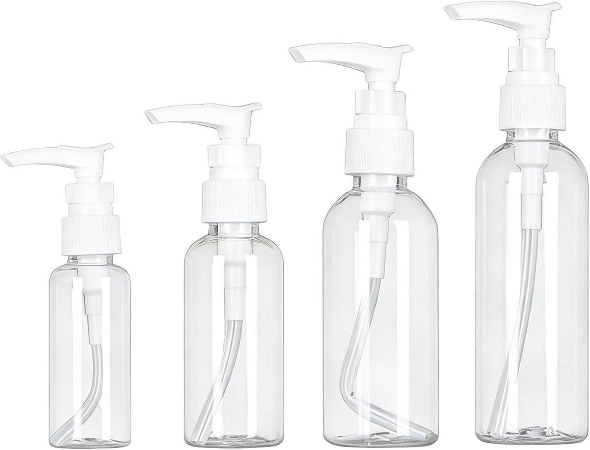 4 stuks 30 ml, 50 ml, 80 ml, 100 ml, airless fles, transparant, reisfles met 3 trechters, voor cosmetica, lotion, shampoo en crème